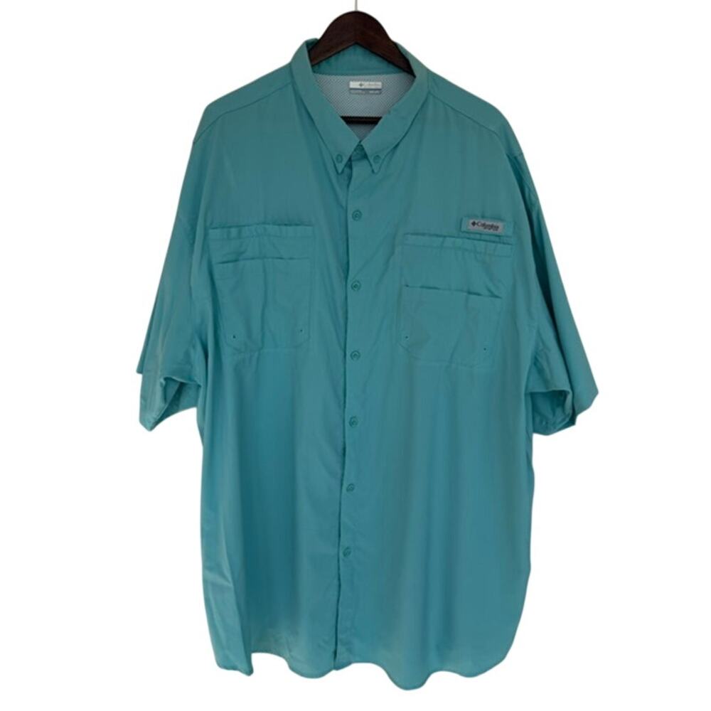 Columbia Teal PFG Button Down Short Sleeve Fishing Shirt - 4XLT